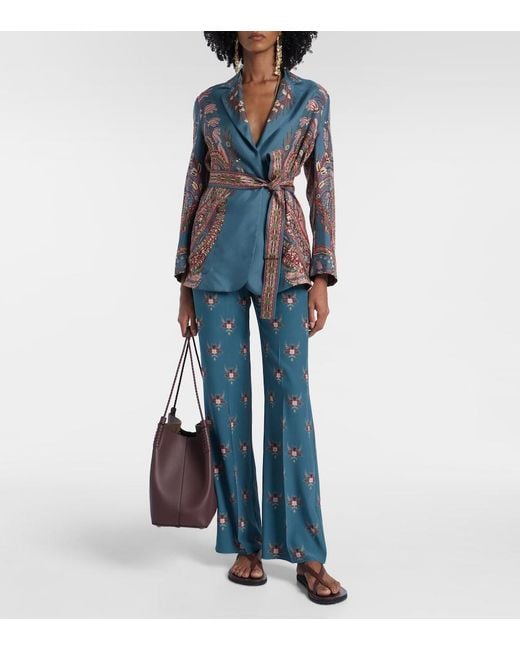 Etro Blue Floral Printed Silk Flared Pants