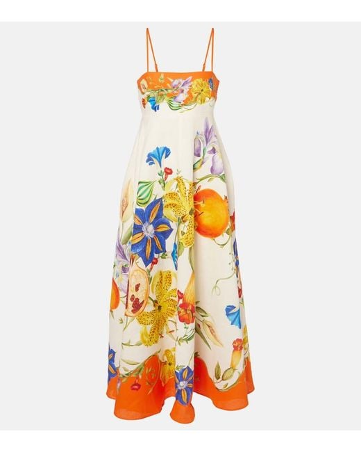 ALÉMAIS Orange Bedrucktes Midikleid Flores Aus Leinen