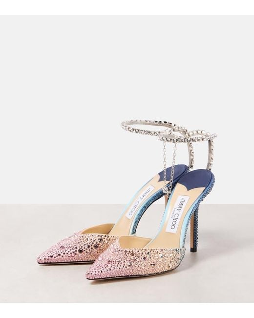 Jimmy Choo Blue Saeda 100 Crystal-Embellished Satin Pumps