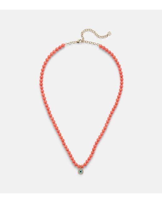 Sydney Evan Red Evil Eye 14kt Gold And Coral Beaded Necklace With Diamonds