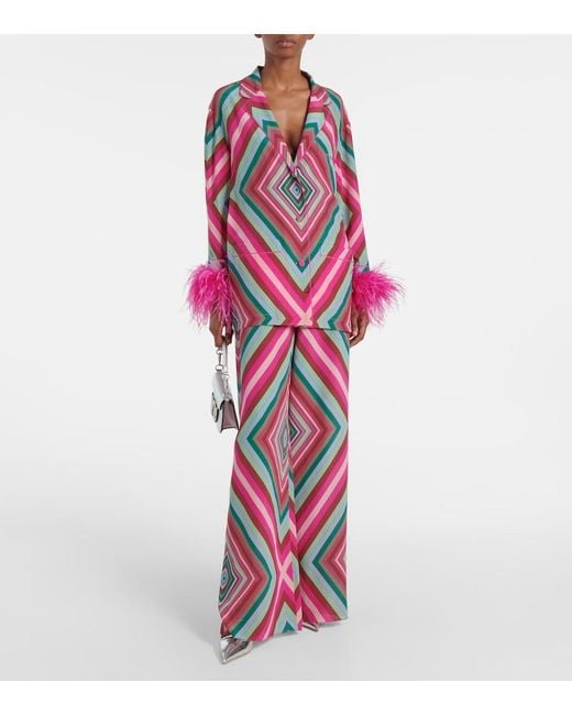 Valentino Pink Rhombus 75 Feather-Trimmed Crepe De Chine Top