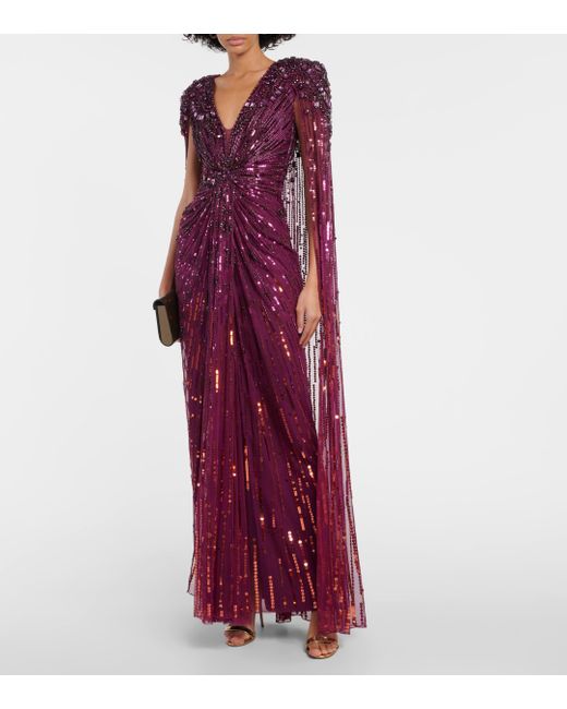 Robe Du Soir Effet Cape En Tulle À Sequins Et À Ornements Lotus Jenny Packham en coloris Purple