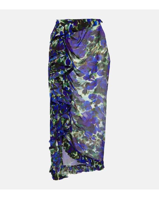 Dries Van Noten Blue Bedruckter Midirock Aus Satin