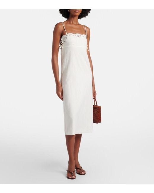 Posse White Darya Embroidered Linen And Cotton Midi Dress