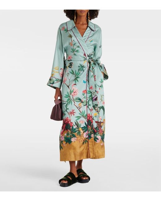 LaDoubleJ Green Midnight Floral Silk Wrap Dress