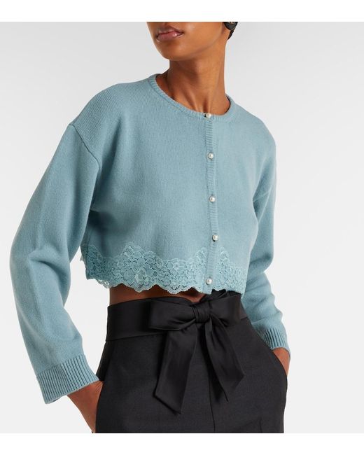 Valentino Blue Lace-Trimmed Cropped Virgin Wool Cardigan