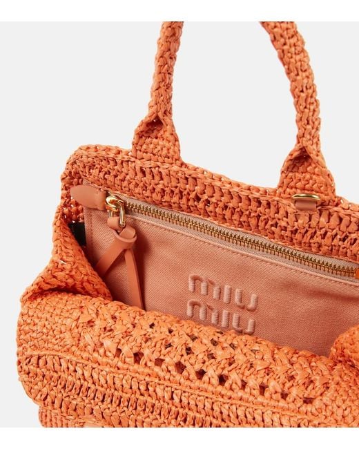Miu Miu Orange Small Raffia Tote Bag