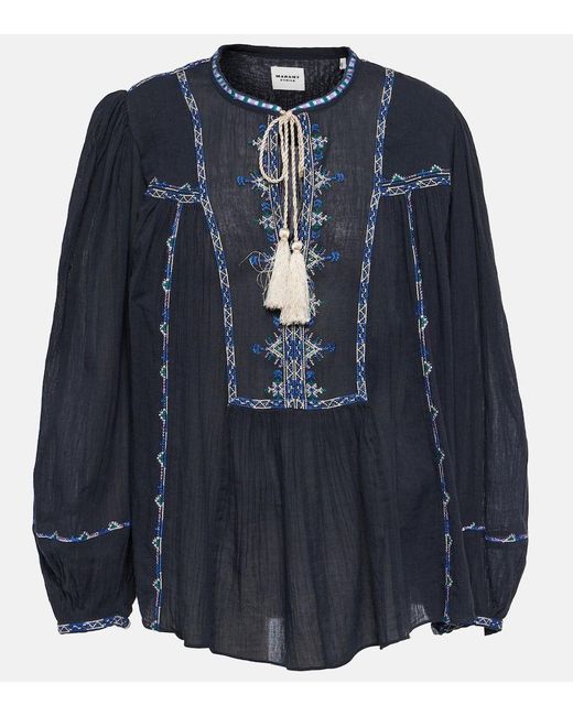 Isabel Marant Blue Silekia Embroidered Cotton Blouse