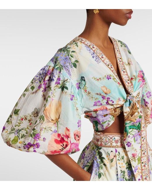 Camilla Multicolor Tie-Front Puff-Sleeve Crop Top