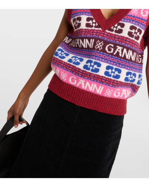 Gilet en laine Jacquard avec motif de logo Ganni en coloris Multicolor