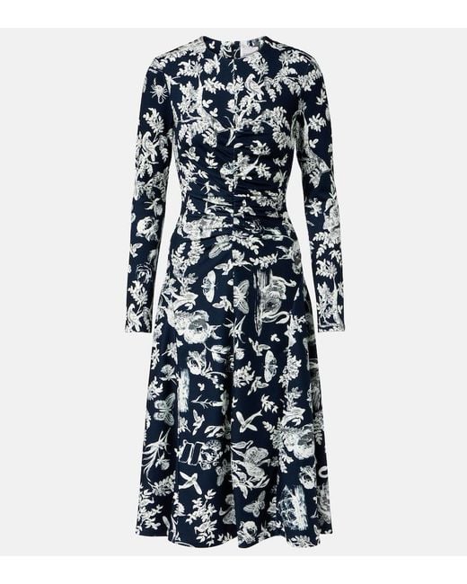 Erdem Blue Floral Ruched Midi Dress