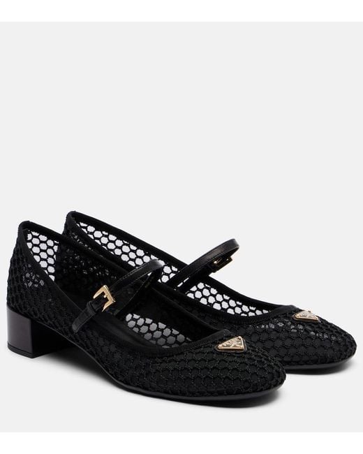 Prada Leather-Trimmed Mesh Mary Jane Pumps in Black | Lyst Canada