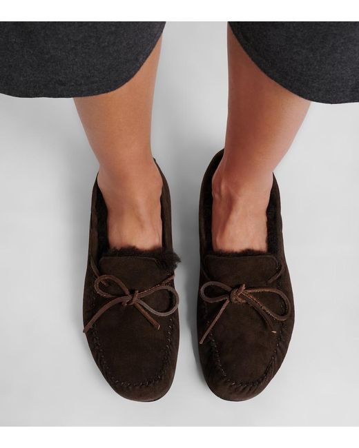The Row Brown Lucca Shearling-Trimmed Suede Boat Shoes