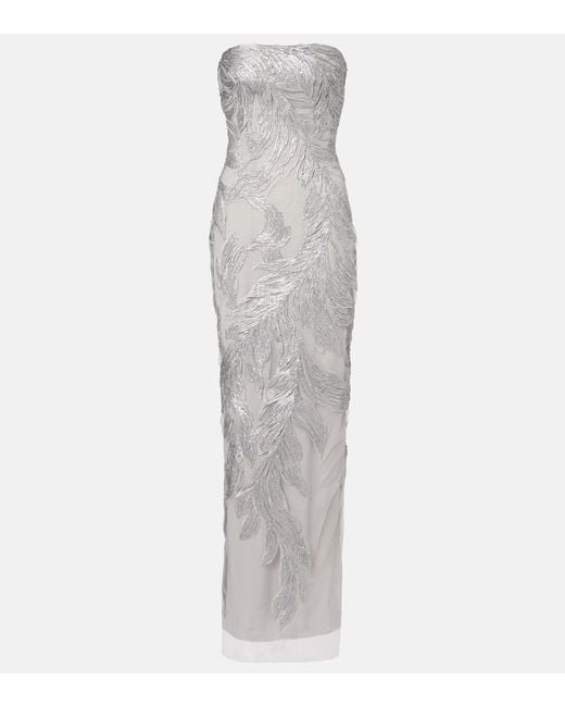 Monique Lhuillier White Embroidered Silk Tulle Gown