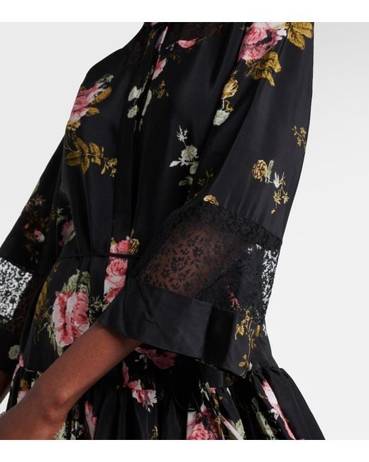 Erdem Black Floral Silk Crepe De Chine Minidress