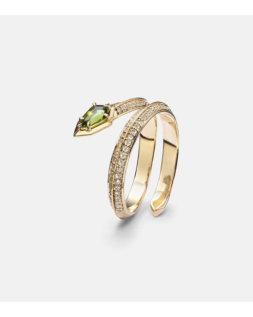 STONE AND STRAND White Shield Serpent 14Kt Ring With Diamonds And Tourmaline