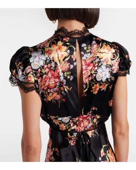 Rodarte Black Floral Lace-Trimmed Silk Midi Dress