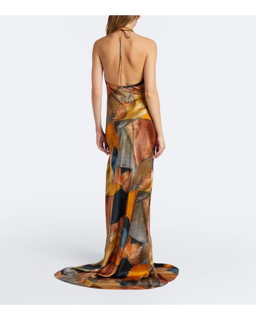 Roberto Cavalli Metallic Draped Printed Silk Satin Maxi Dress