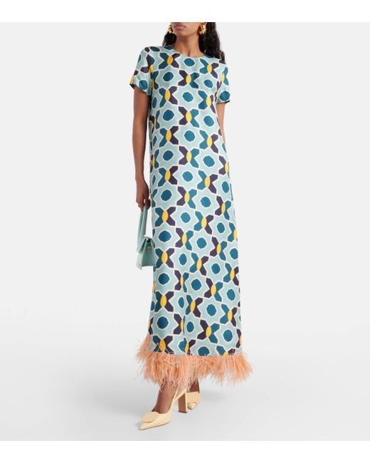 LaDoubleJ Green Swing Feather-trimmed Silk Maxi Dress