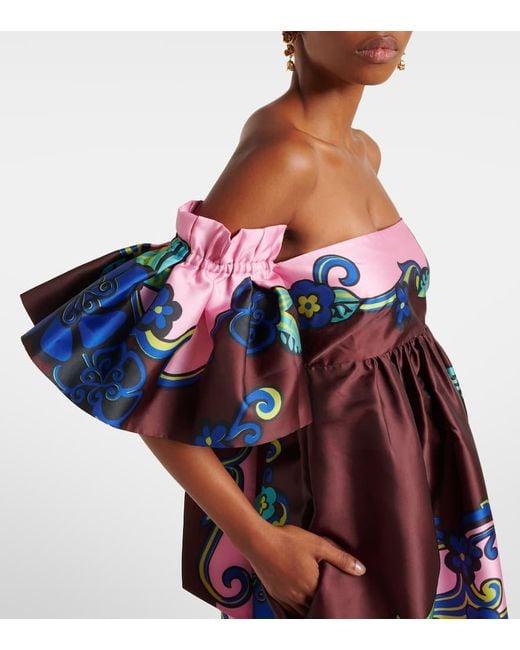 ALÉMAIS Multicolor Floral Off-Shoulder Satin Maxi Dress