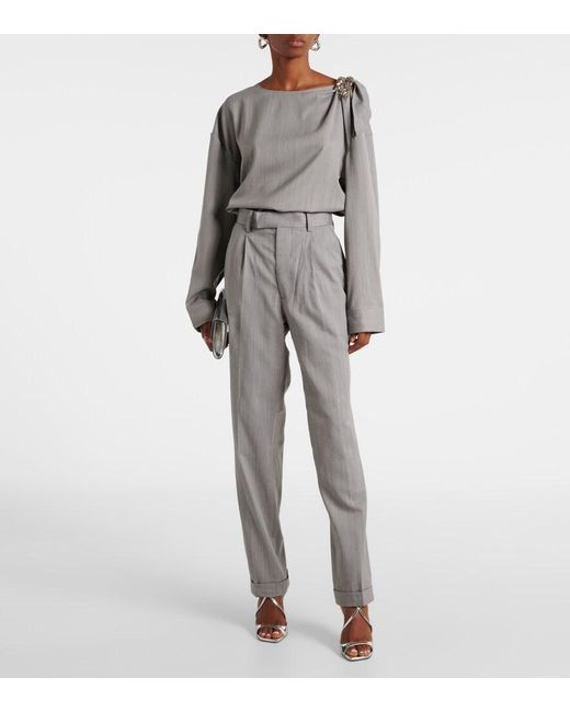 JACQUES WEI Gray Embellished Wool Blouse