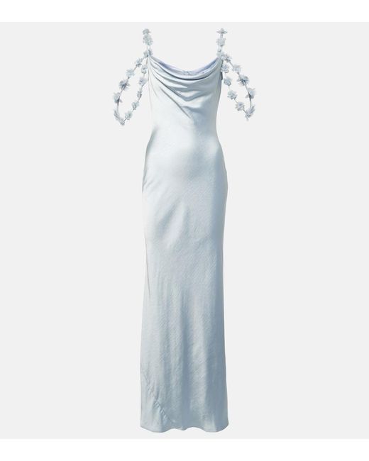 Self-Portrait Blue Bridal Floral-Applique Satin Gown