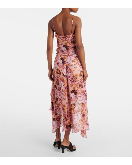 Chloé Red Asymmetric Floral Silk Midi Skirt