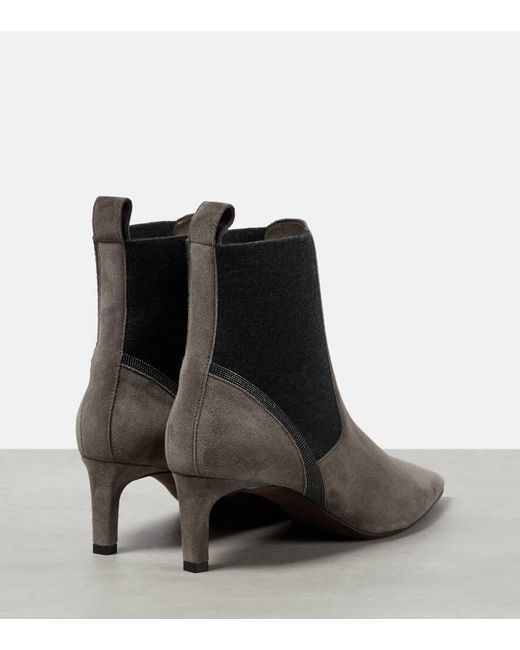 Brunello Cucinelli Black Embellished Suede Ankle Boots