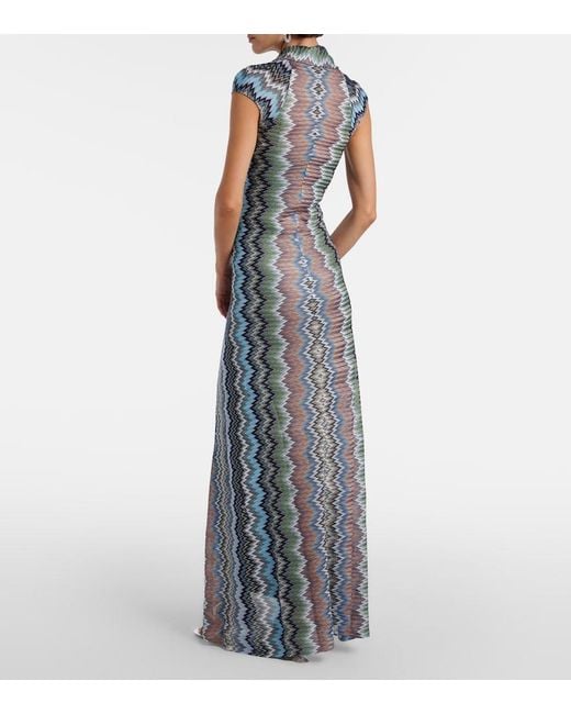 Missoni Blue Zigzag Gathered Knitted Maxi Dress