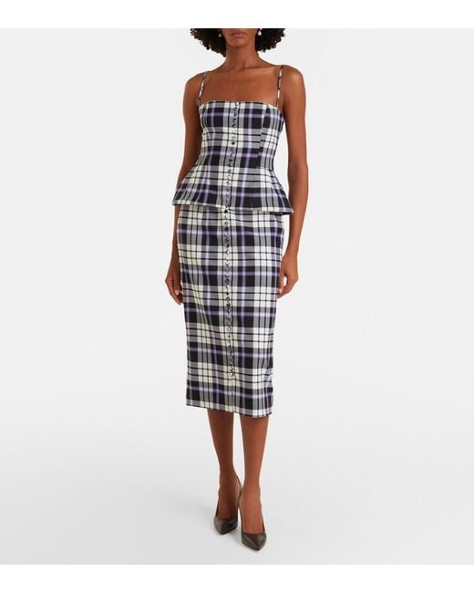 Carolina Herrera Blue Checked Trompe L'Oil Wool Midi Dress