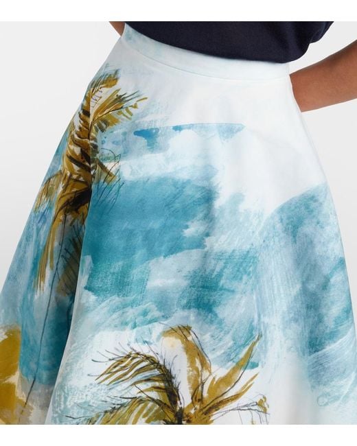 Oscar de la Renta Blue Printed Cotton-Blend Poplin Midi Skirt
