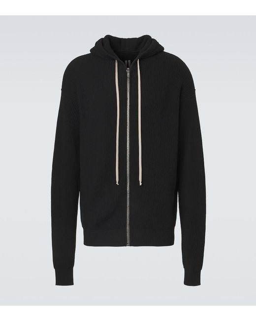 Rick Owens Black Ribbed-Knit Virgin Wool Hoodie for men