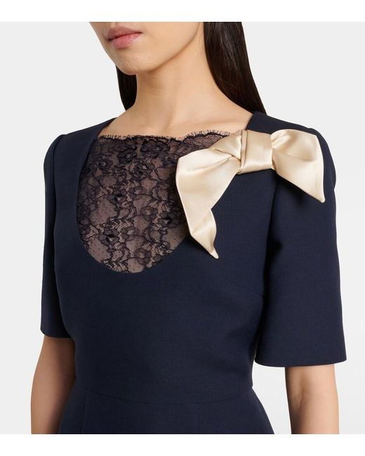 Valentino Blue Crepe Couture Bow-Detail Lace-Trimmed Midi Dress
