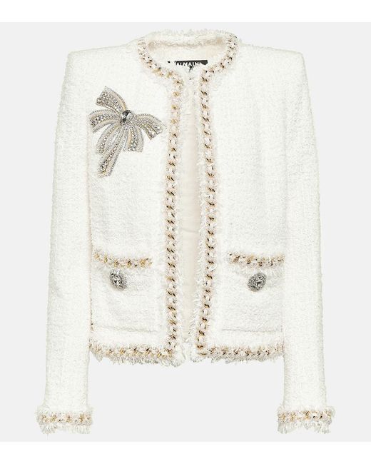 Balmain White Verzierte Jacke aus Tweed