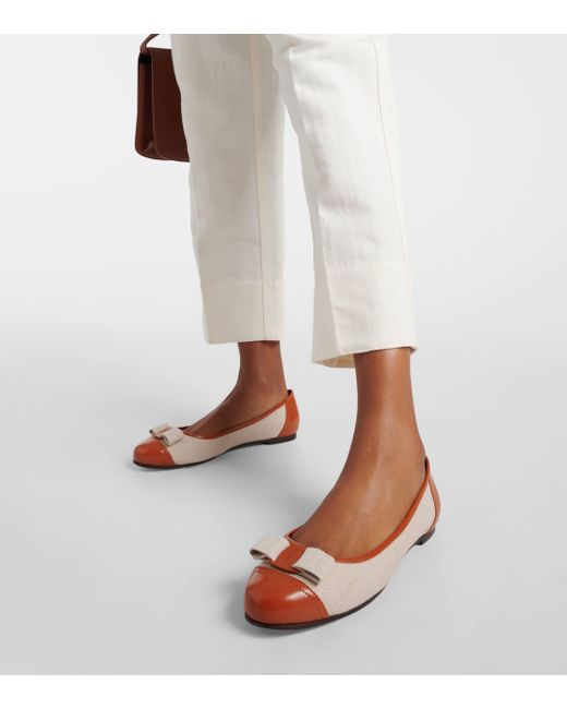 Ferragamo Brown Vara Canvas And Leather Ballet Flats