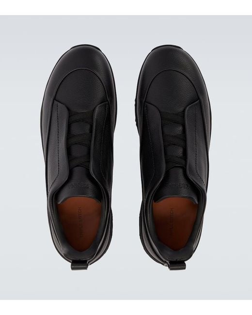 Zegna Black Triple Stitch Leather Sneakers for men