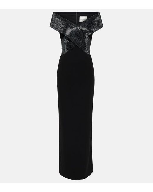 Roland Mouret Black Off-shoulder Velvet-trimmed Cady Gown