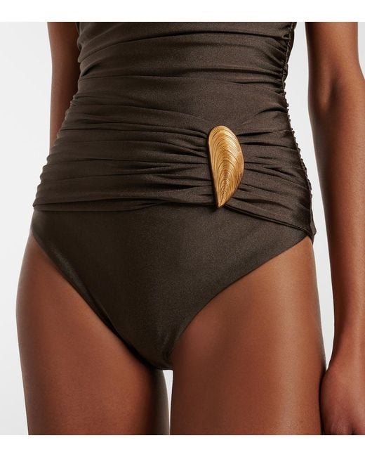 Jonathan Simkhai Brown Lorena Applique Ruched Swimsuit
