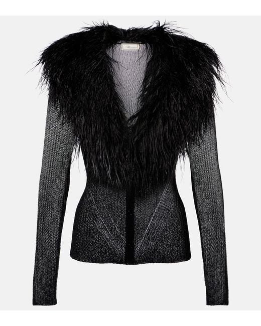 Blumarine Black Feather-Trimmed Ribbed-Knit Cardigan