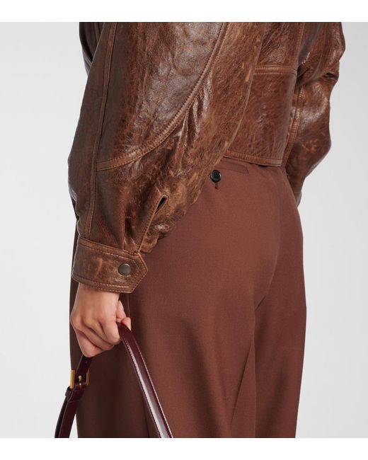 Saint Laurent Brown Double-Breasted Leather Bomber Jacket