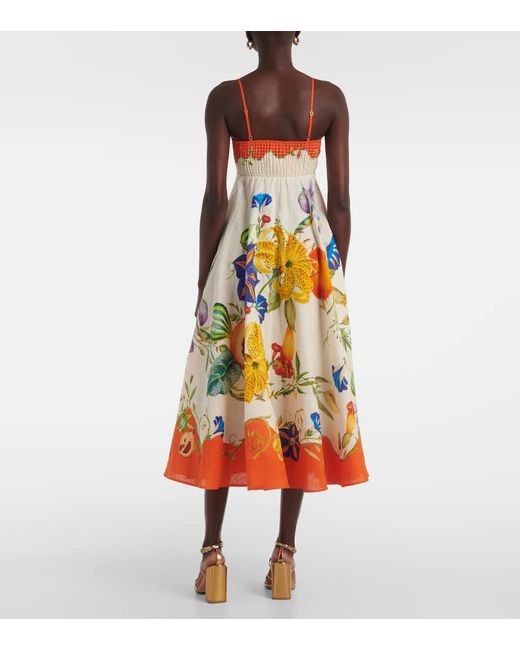 ALÉMAIS Orange Bedrucktes Midikleid Flores Aus Leinen
