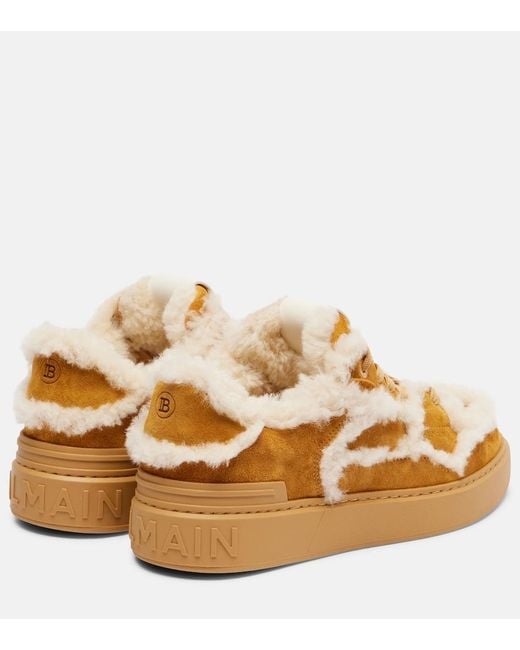 Balmain Metallic Shearling-Trimmed Suede Sneakers