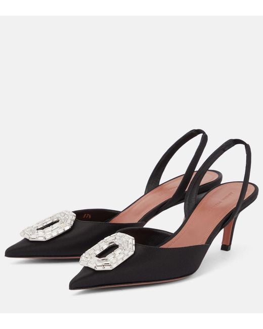 AMINA MUADDI Black Camelia Satin Slingback Pumps