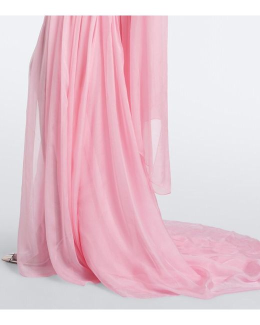 Monique Lhuillier Pink Scarf-Detail Draped Silk Bustier Gown