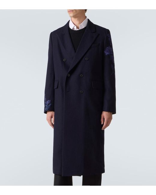 Dries Van Noten Blue Floral Double-Breasted Wool Coat for men