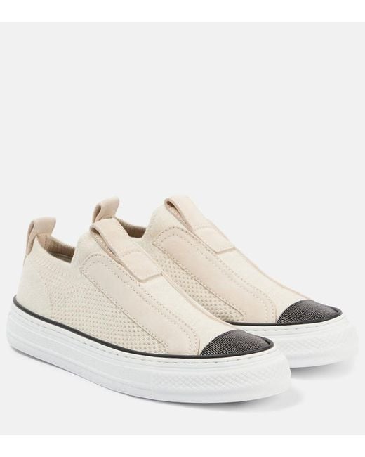 Brunello Cucinelli White Slip-Ons Monili Aus Canvas Mit Veloursleder