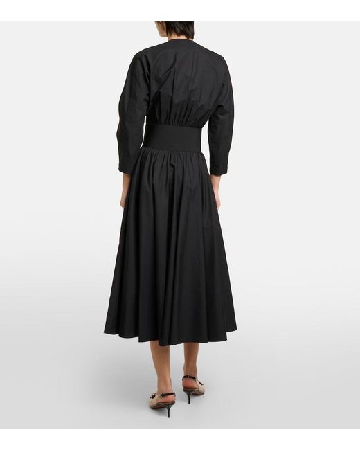 Alaïa Black Leather-Trimmed Cotton Midi Dress