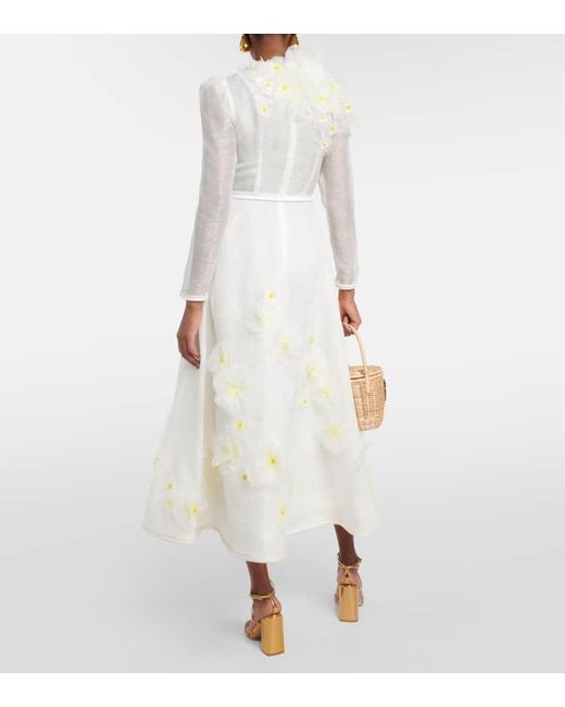 Zimmermann White Daisy Floral-applique Linen And Silk Midi Dress