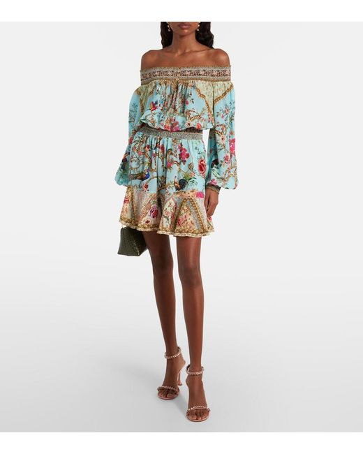 Camilla Blue Embellished Off-Shoulder Silk Crepe Minidress