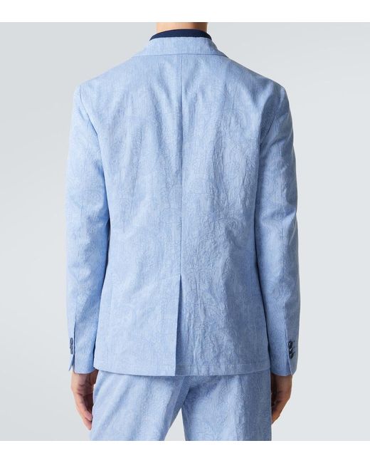 Etro Blue Woven Cotton Jersey Blazer for men